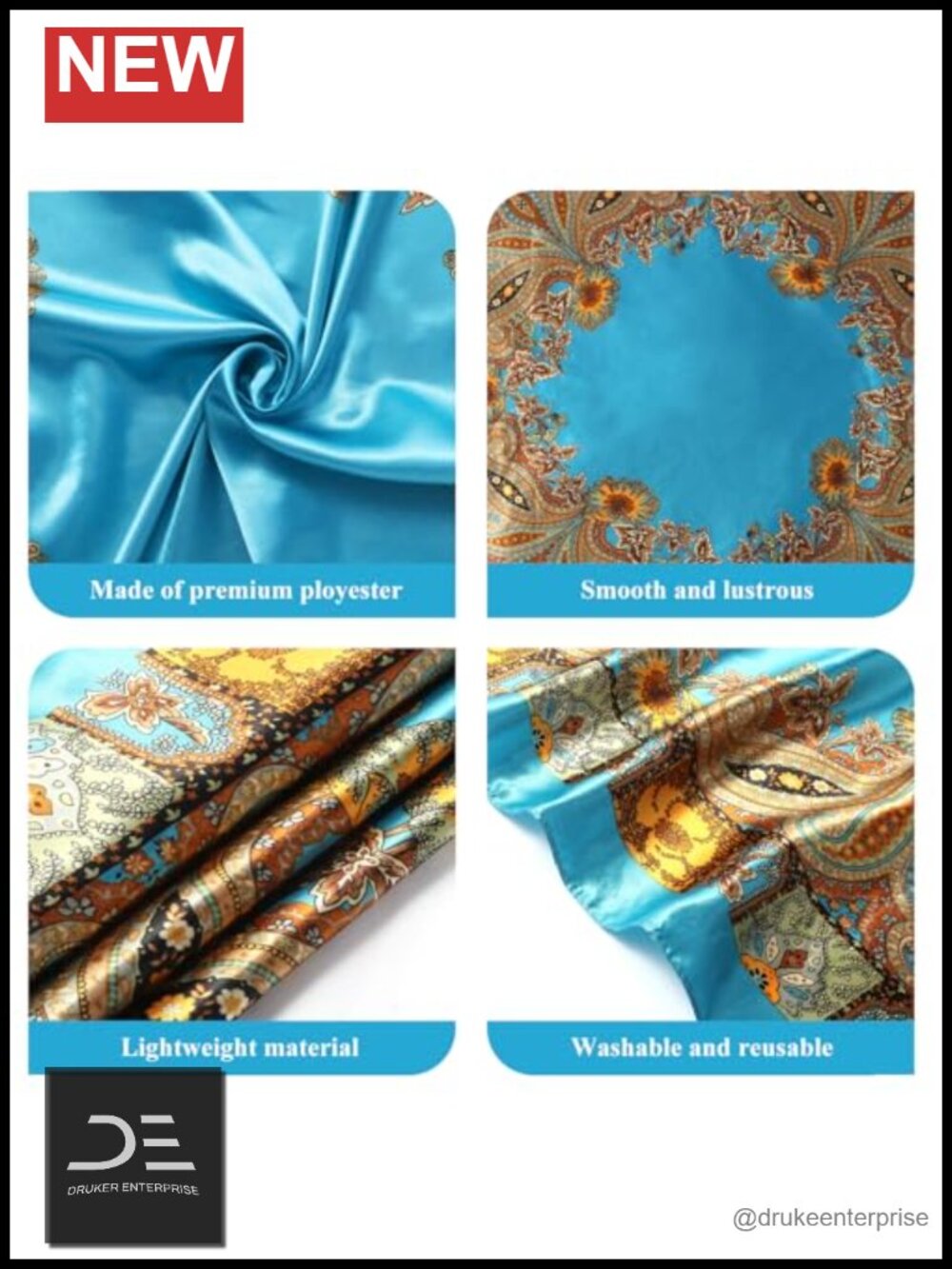35x35 Inch Large Square Satin Head Scarf, Soft Polyester Silk Bandana Wrap - Picture 3 of 6
